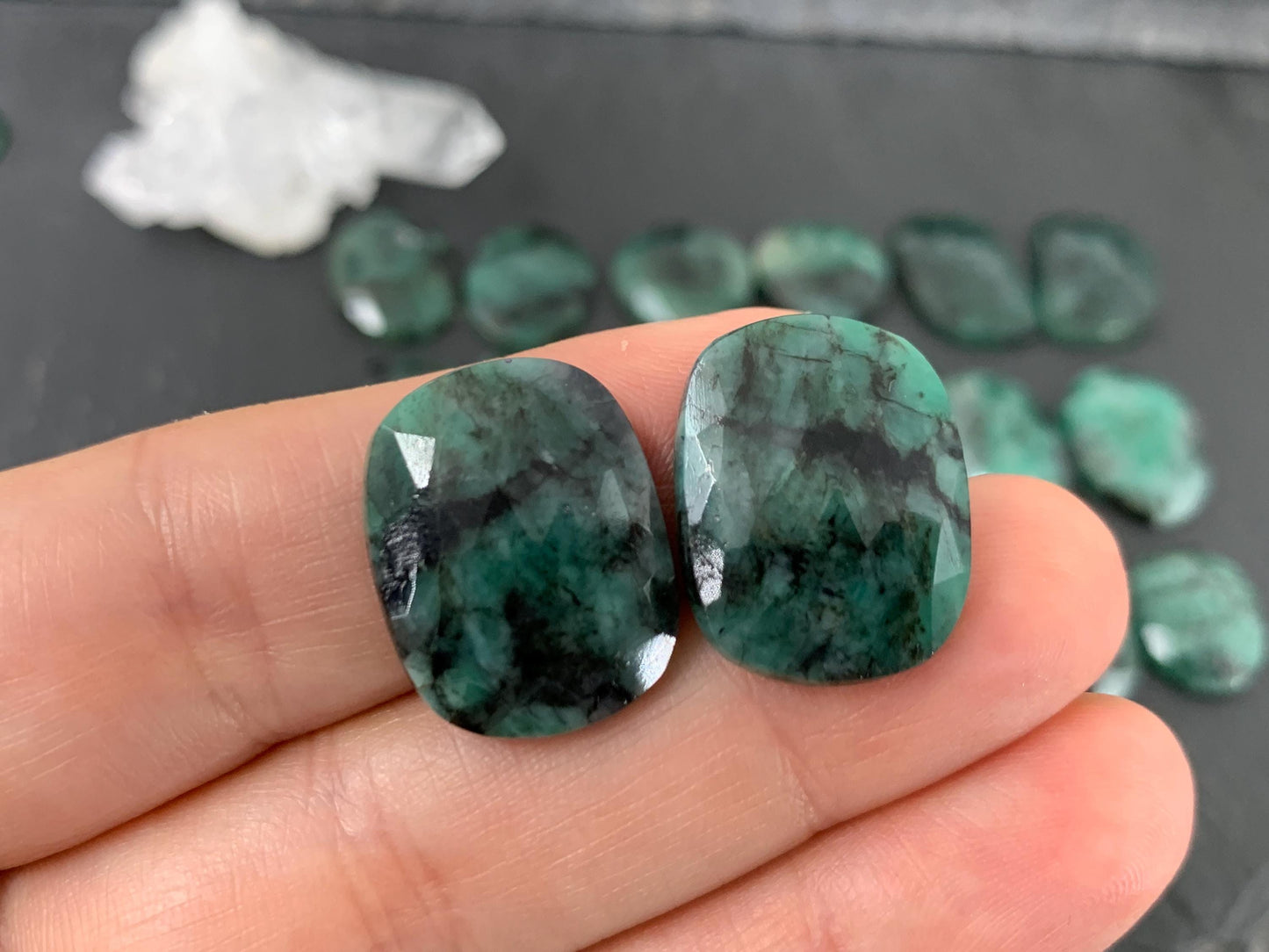 Faceted Emerald Pair 16-21mm long Cabochon
