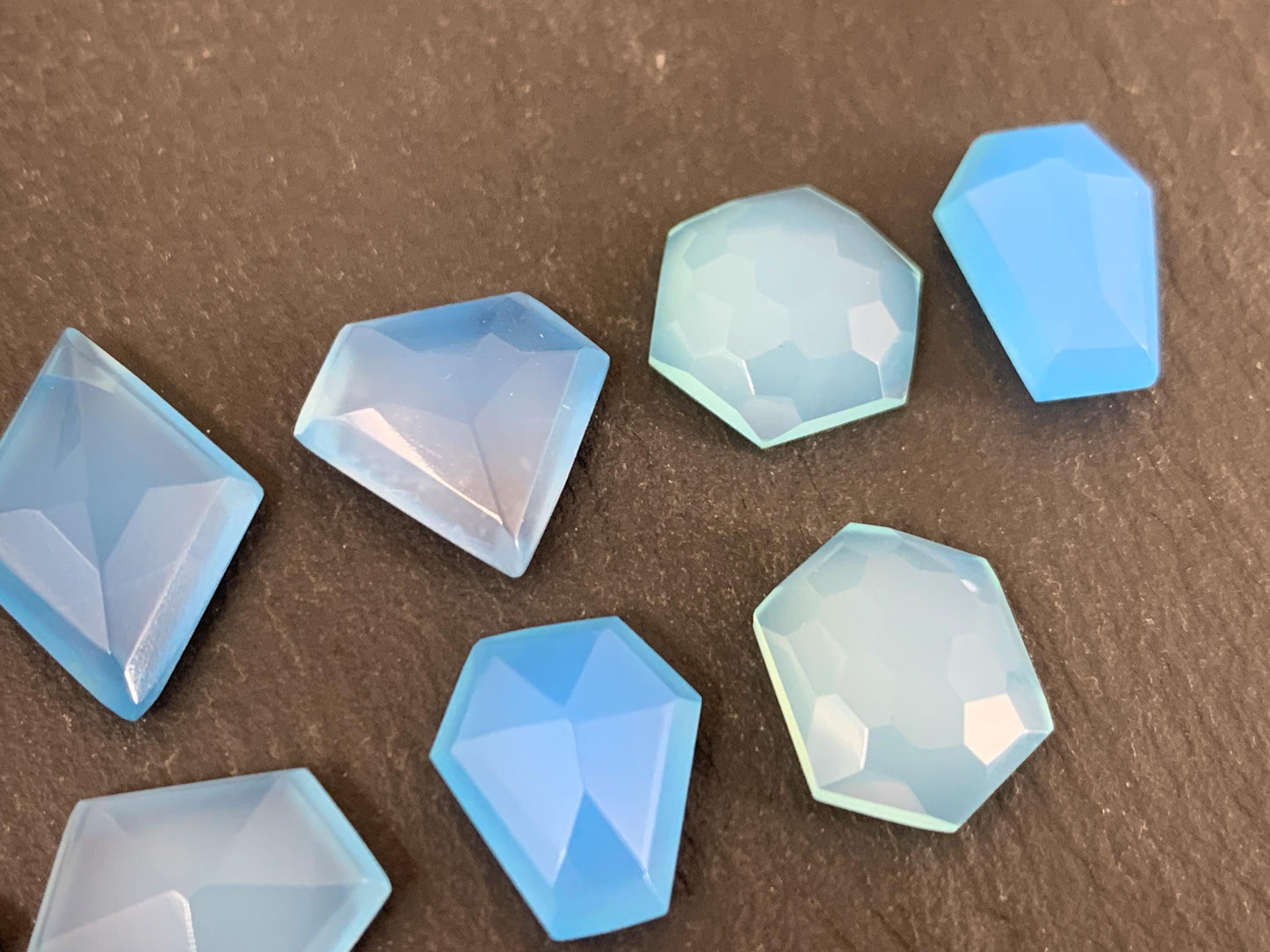 Faceted Blue Chalcedony 12-18mm long cabochon