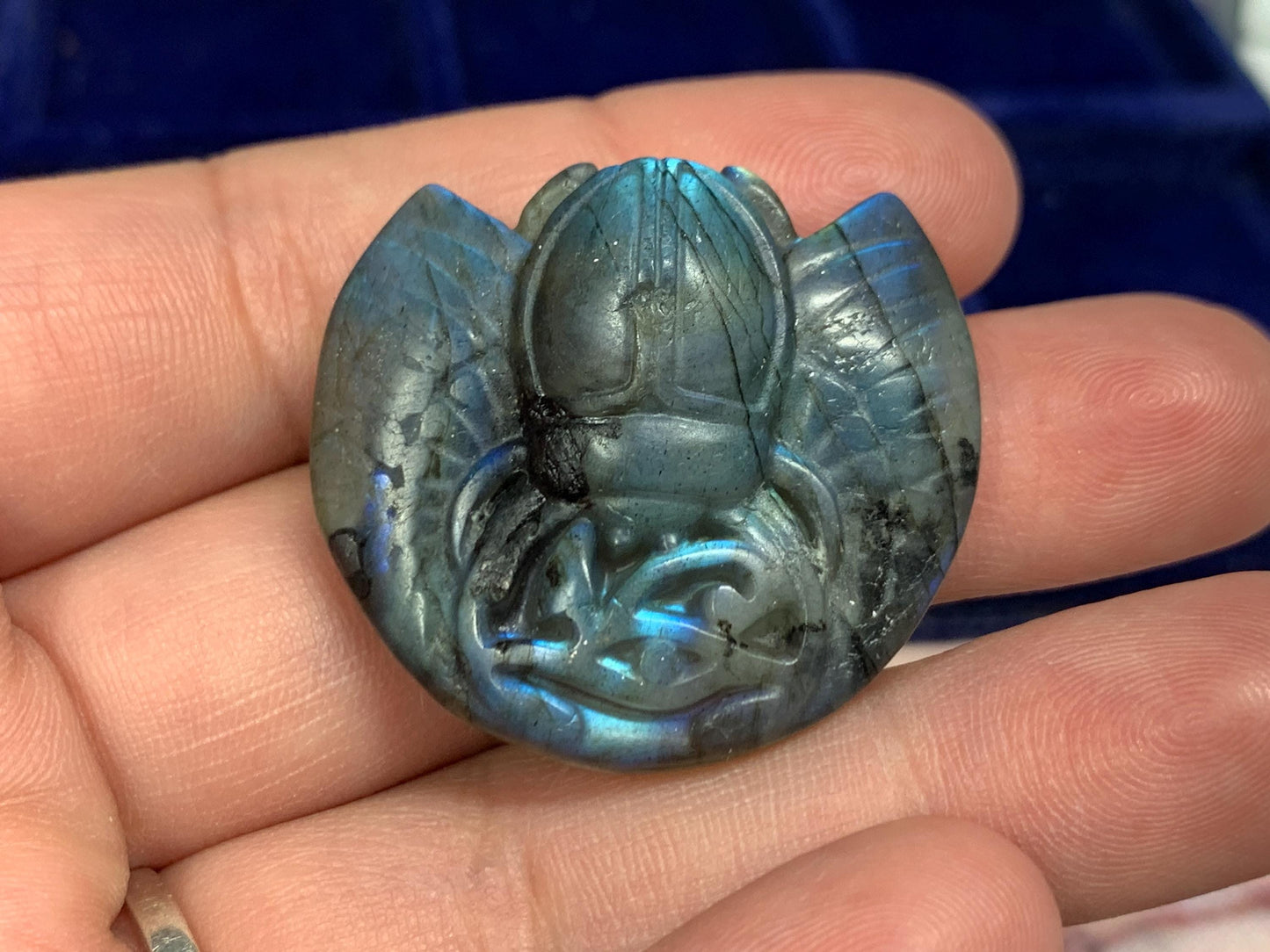 Labradorite Scarab Carving: Ancient Egyptian Eye of Horus Symbol of Protection (34x31mm)