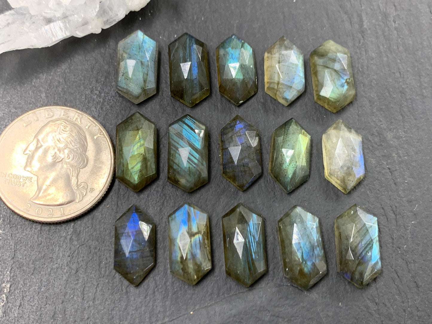 Faceted Labradorite 8x16mm cabochon | Long Hexagon