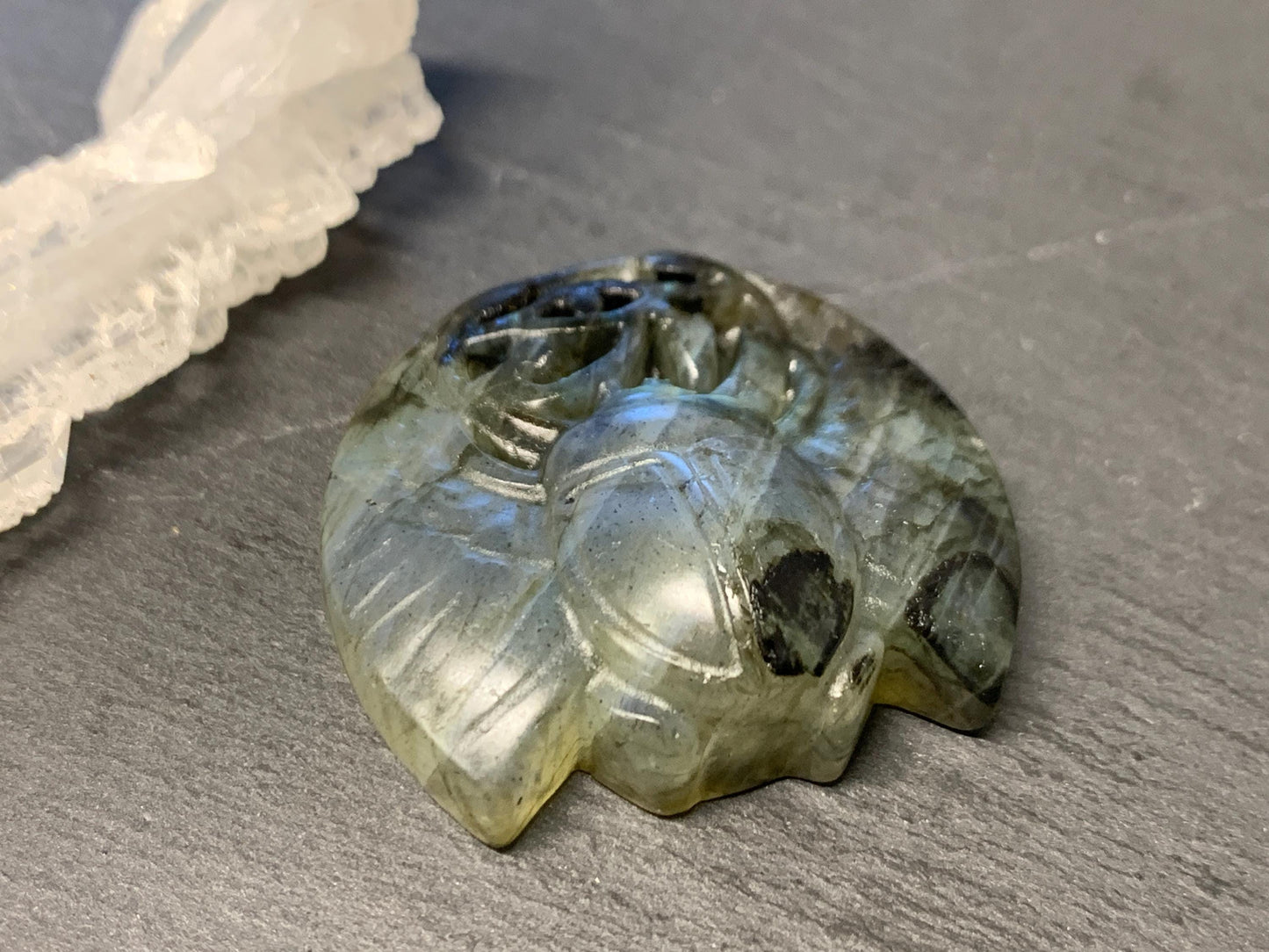 Labradorite Scarab Carving: Ancient Egyptian Eye of Horus Symbol of Protection (34x31mm)