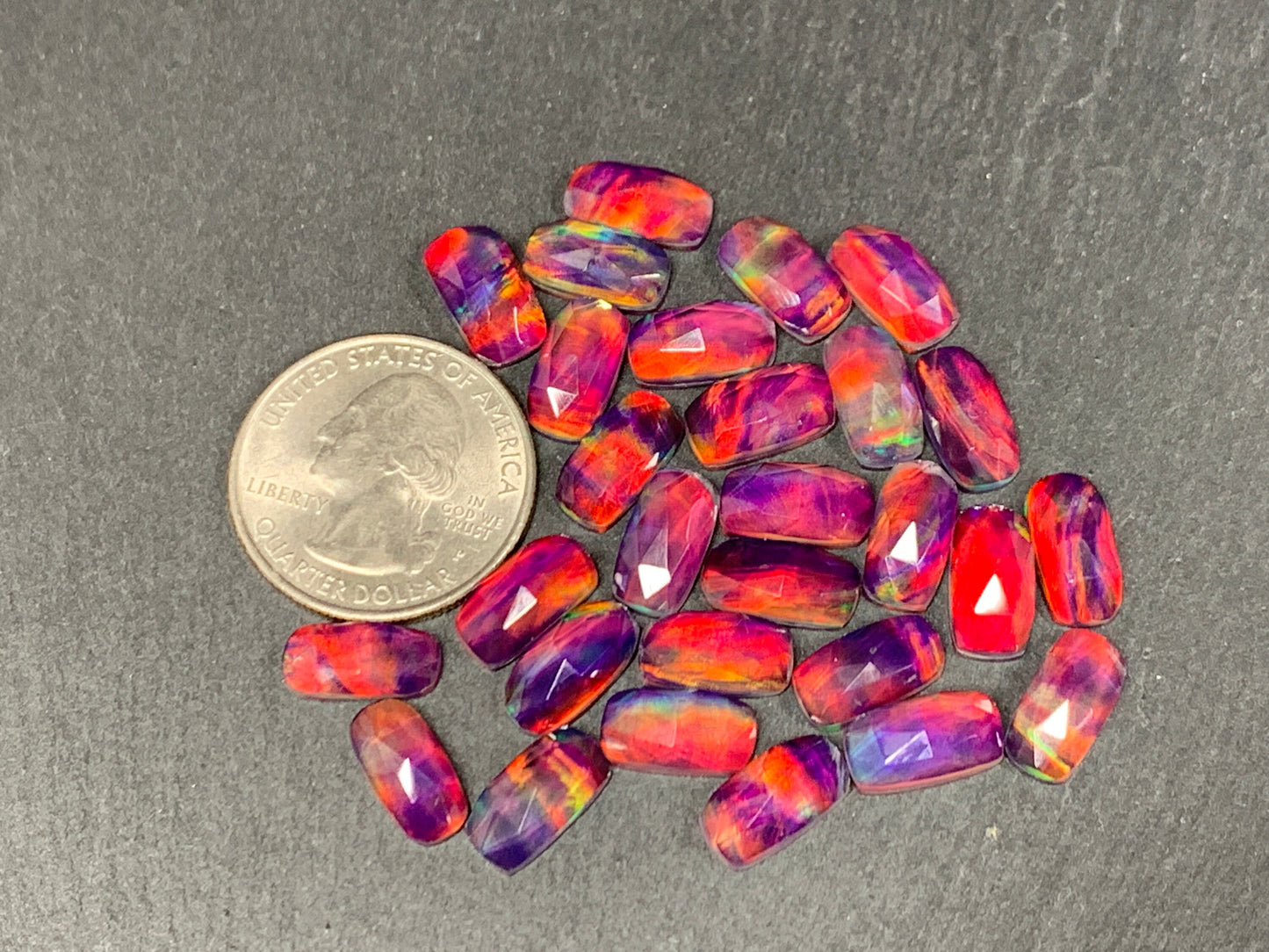 Faceted Aurora Opal rectangle cushion 6x12mm cabochon - Doublet cabochons