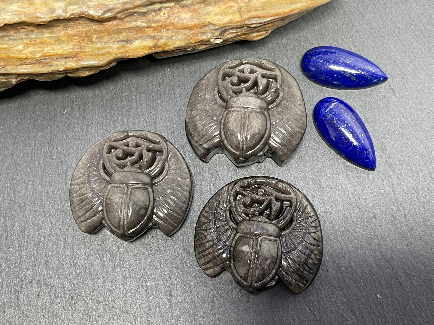 Silver Obsidian Ancient Egyptian Scarab Eye of Horus Symbol of Protection