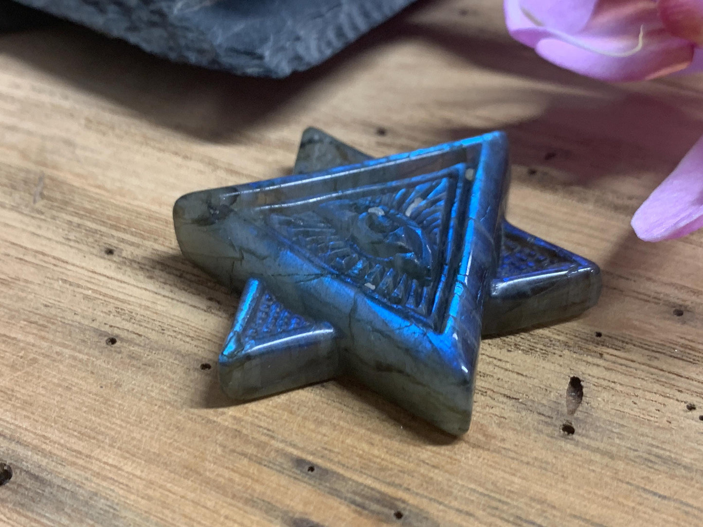 Labradorite All Seeing Eye 46x41 mm Carving. Hand Carved Labradorite Merkaba Star