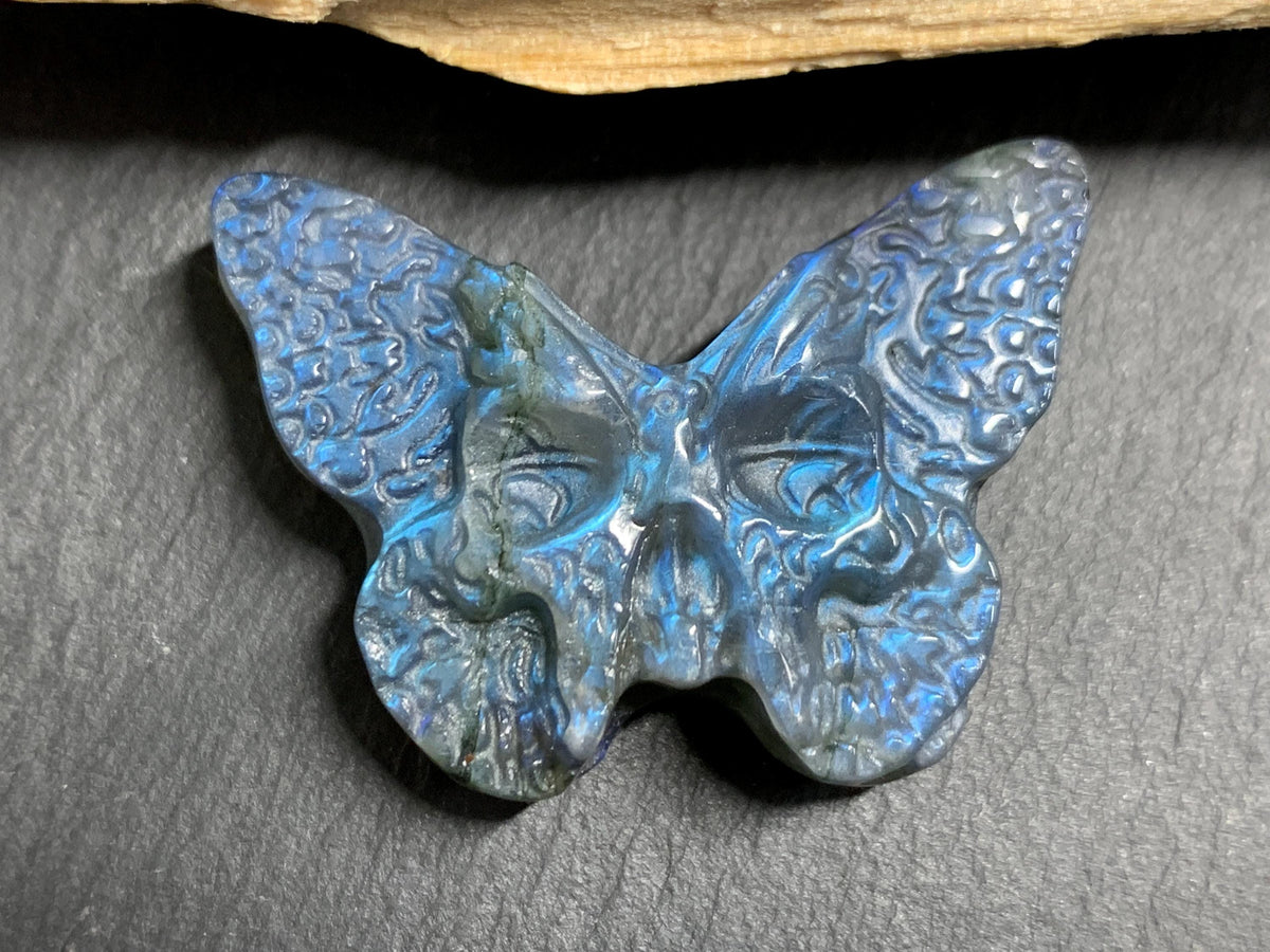 Labradorite Ghost Face Butterfly 40x28mm Flat Back Carving, Natural Labradorite, Handcrafted Crystal Jewelry