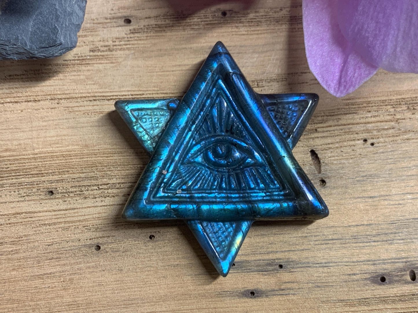 Labradorite Crystal Carving Merkaba Star All Seeing Eye Gift Art