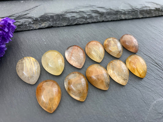 Gold Rutilated Quartz Pear 12x16mm cabochon - Calibrated cabochons