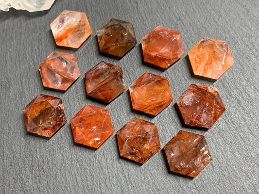 Fire Quartz hexagon 18x21mm faceted from both sides - not a cabochon