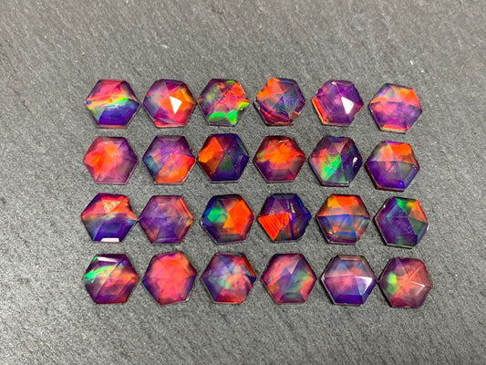 Faceted Aurora Opal hexagon 8mm cabochon - Doublet cabochon