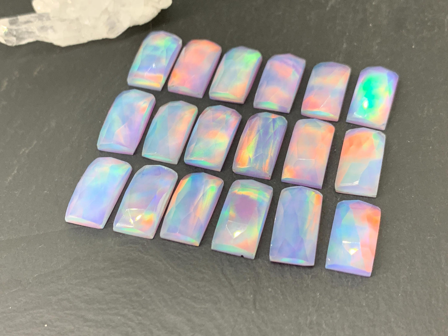 Faceted Aurora Opal rectangle 8x15-16mm cabochon - Doublet cabochon