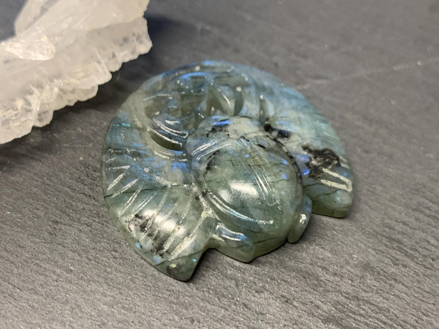 Labradorite Scarab Carving: Ancient Egyptian Eye of Horus Symbol of Protection (34x30mm)