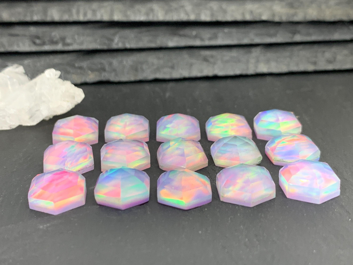 Faceted  Aurora Opal hexagon 12mm cabochon - Doublet cabochons - man made Opal