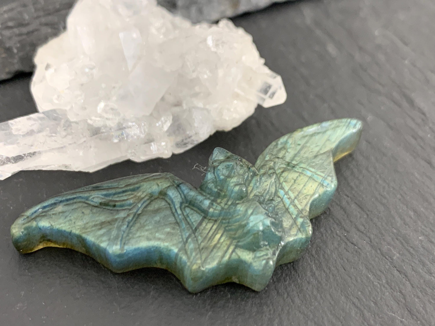 Labradorite skeleton bat 19x48mm flat back carving