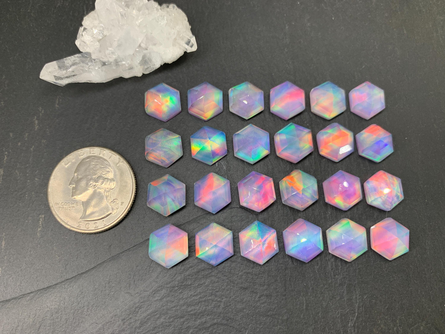 Faceted Aurora Opal hexagon 10mm cabochon - Doublet cabochons - man made Opal