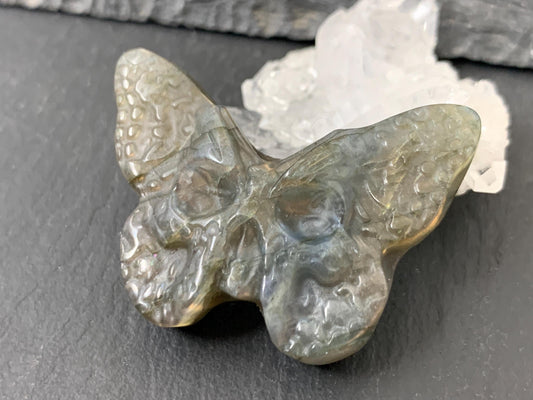 Ghost Face Butterfly Carving – Hand Carved Gemstone Flat Back Gem 29x40mm