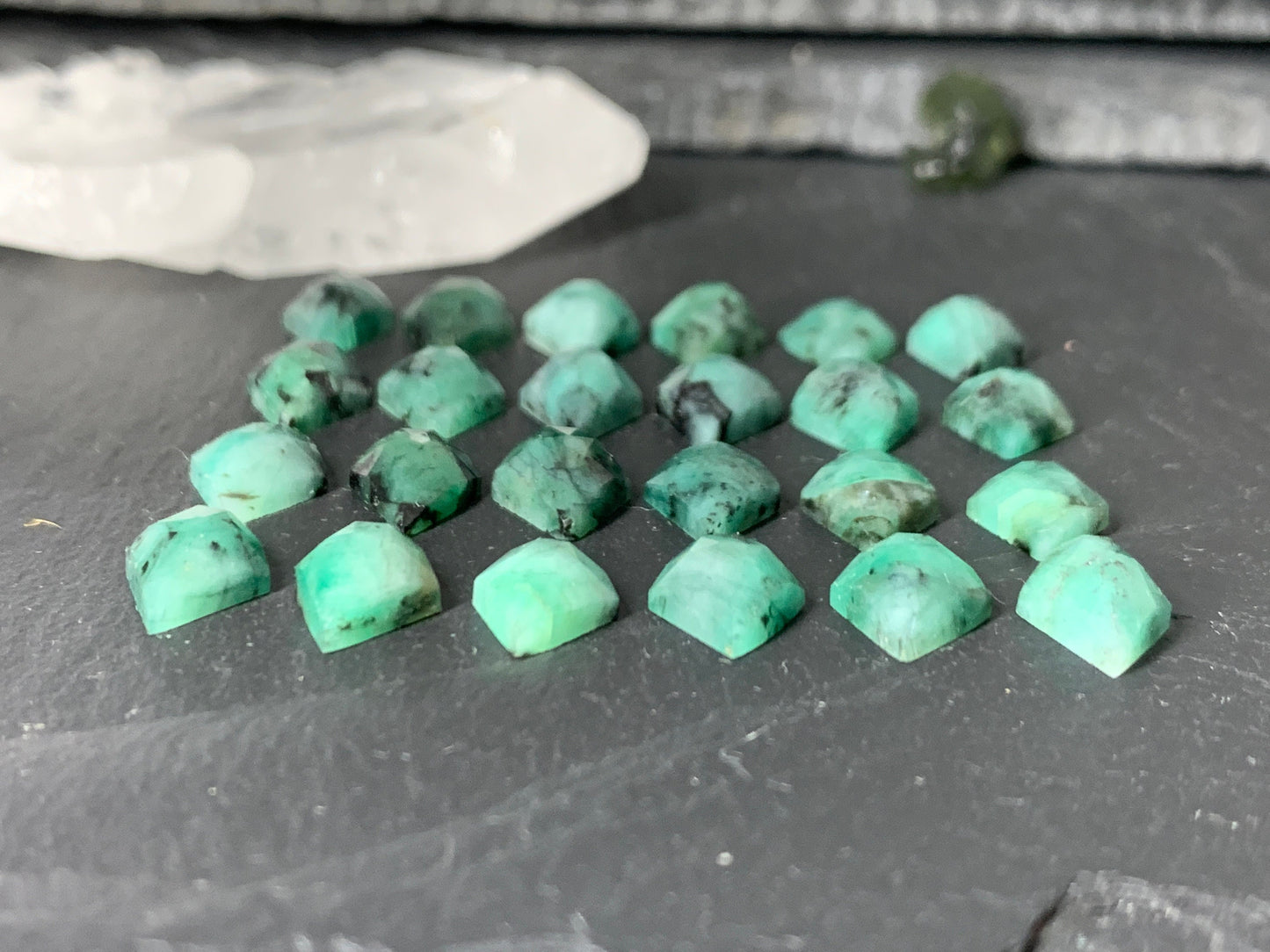 Faceted Emerald rhombus 11-12mm long cabochon/ W381