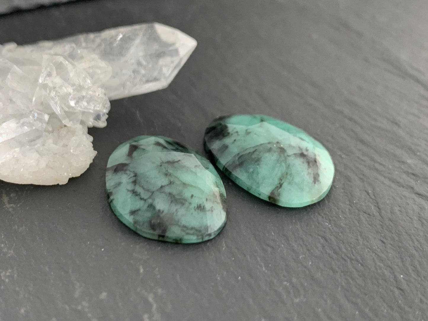 Faceted Emerald Pair 14x20x4mm cabochon
