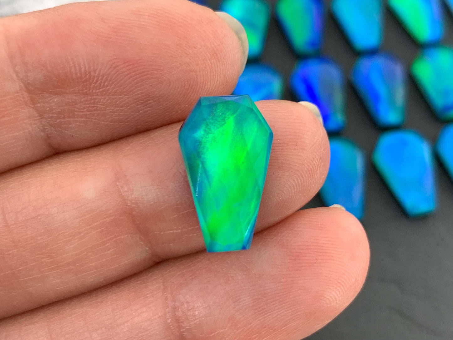 Faceted Aurora Opal coffin 10x16mm cabochon - Doublet cabochons