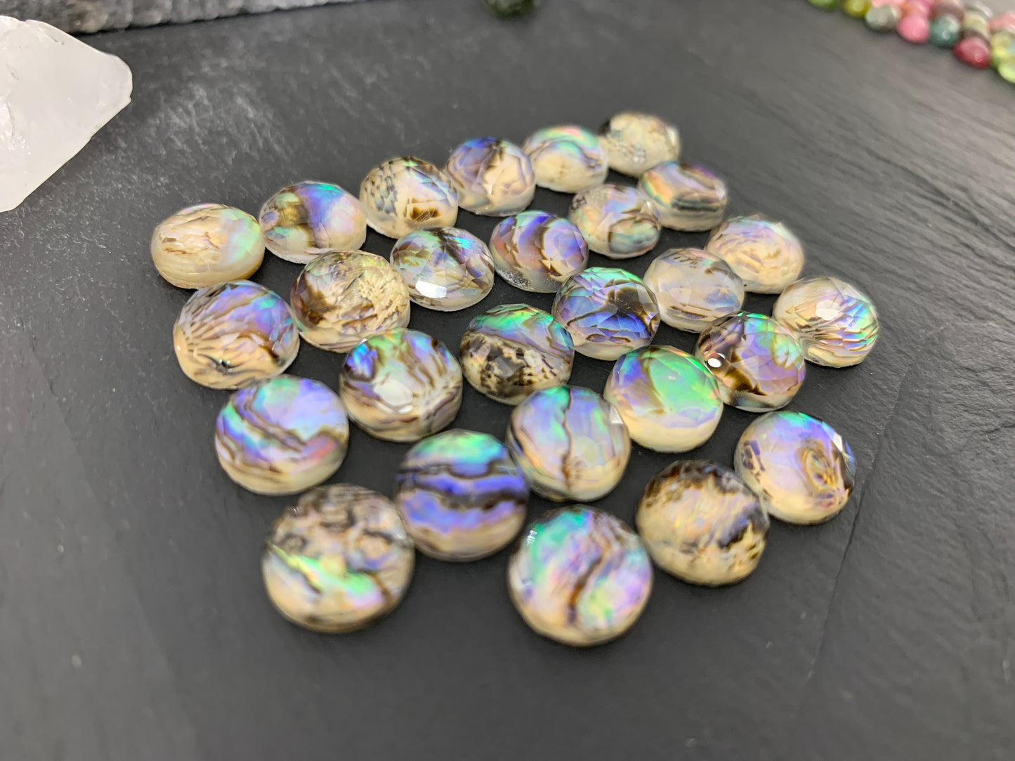 Faceted Abalone round 10mm doublet cabochon
