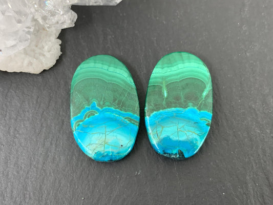 Discounted Malachite Chrysocolla oval 14x22x4mm cabochon pair