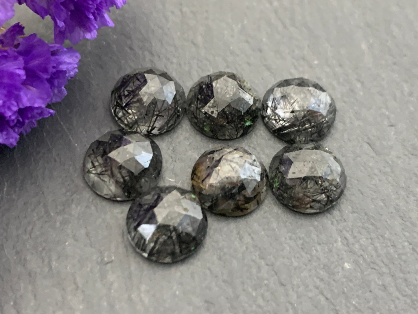 Faceted Black Rutilated Quartz round 8mm cabochon