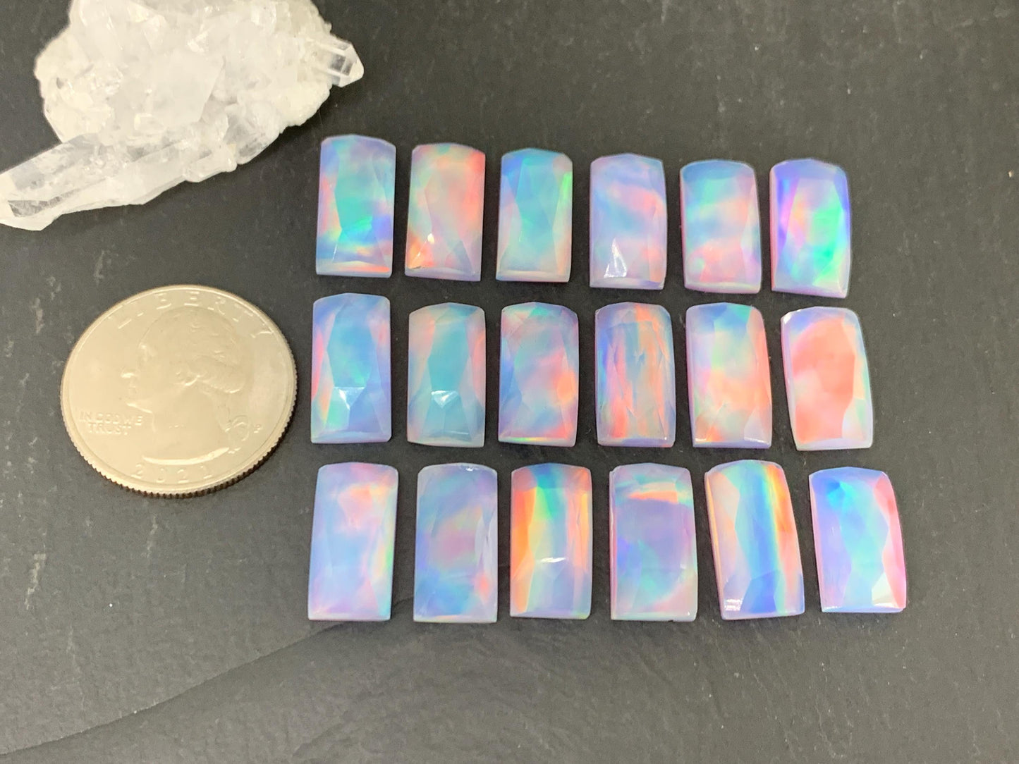 Faceted Aurora Opal rectangle 8x15-16mm cabochon - Doublet cabochon