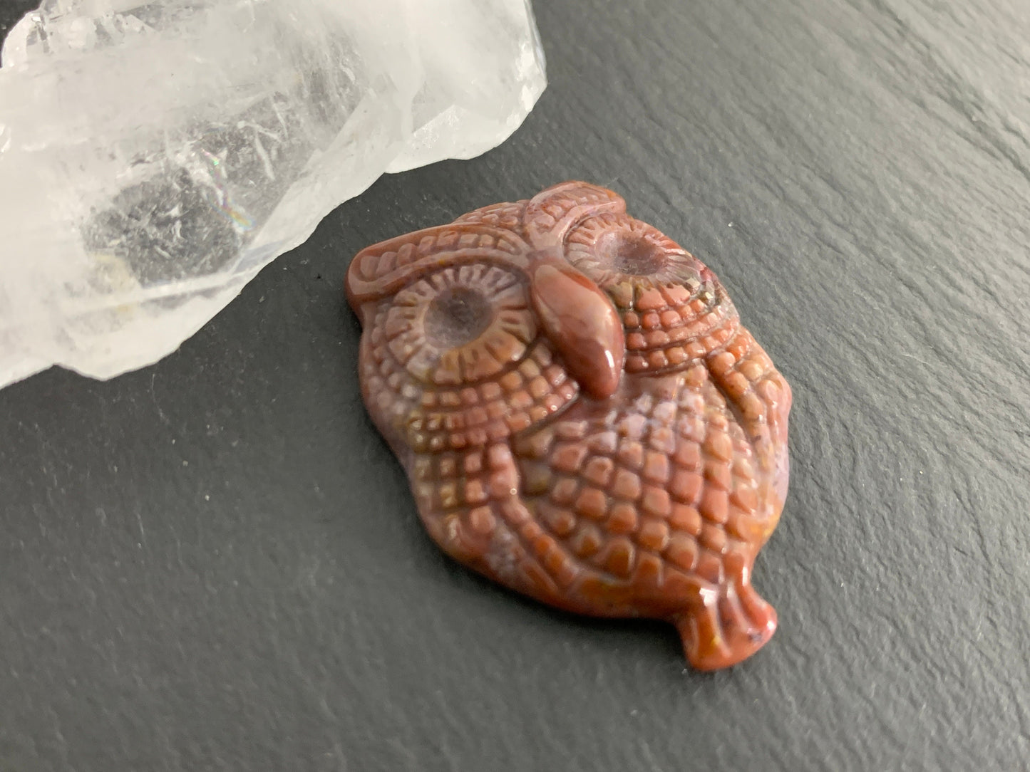 Ocean Jasper owl top drilled 26x36mm cabochon carving