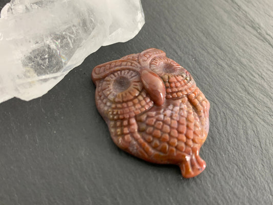 Ocean Jasper owl top drilled 26x36mm cabochon carving