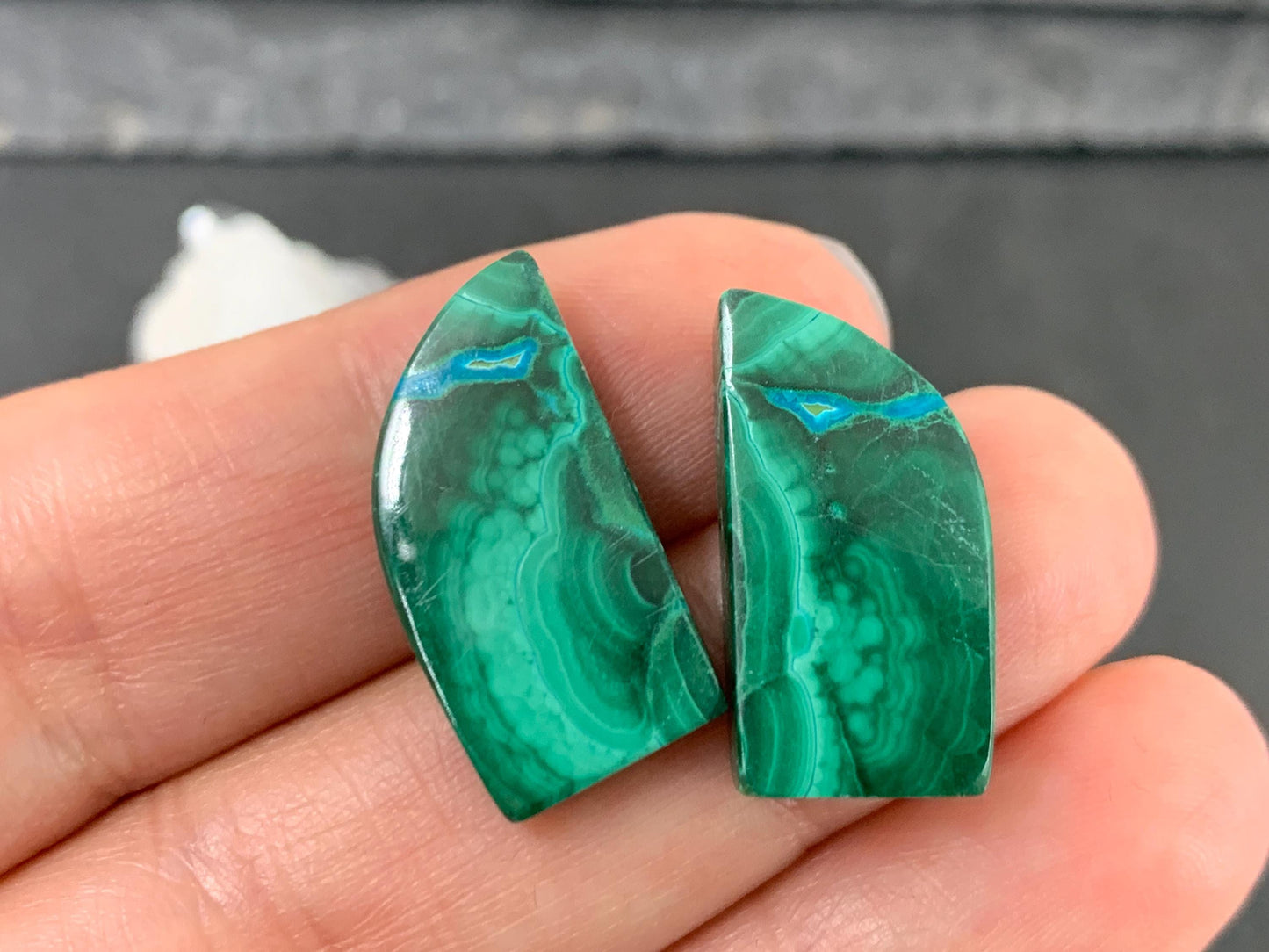 Malachite Chrysocolla free form 11x21x4mm cabochon pair