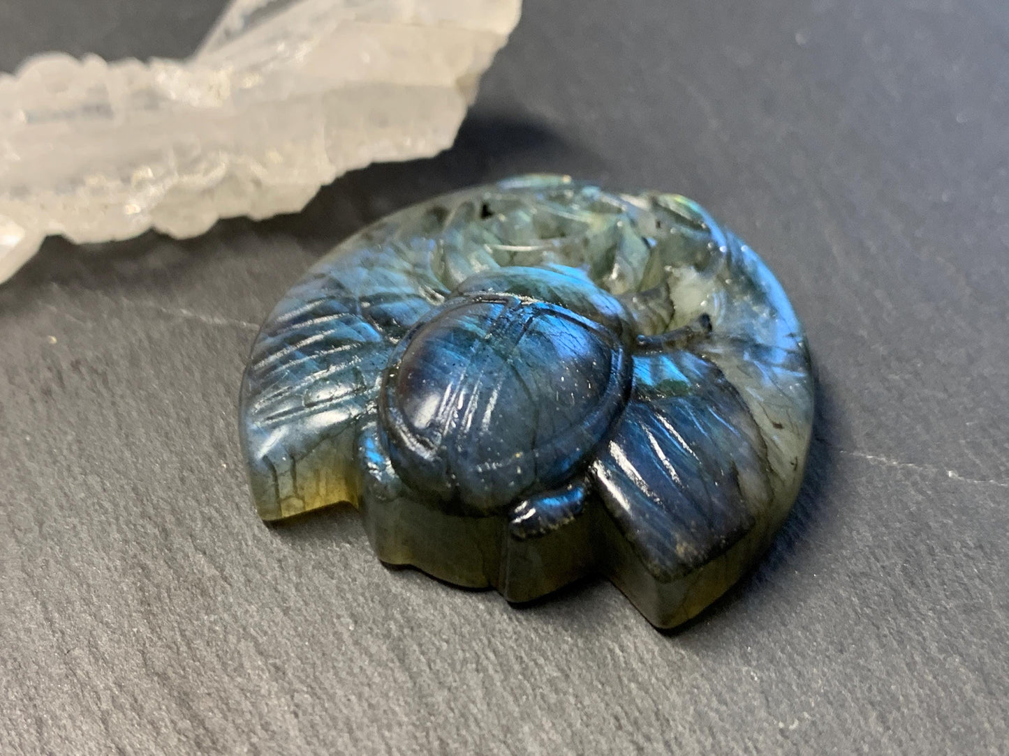 Labradorite Scarab Carving: Ancient Egyptian Eye of Horus Symbol of Protection (34x30mm)