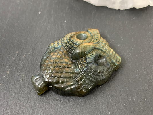Labradorite Owl Carving - Natural 27x37mm Flat Back Gemstone Figure