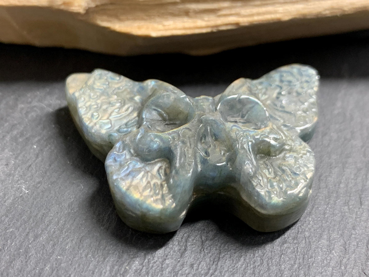 Labradorite Ghost Face Butterfly 41x29mm Flat Back Carving, Natural Labradorite, Handcrafted Crystal Jewelry