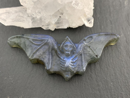 Labradorite skeleton bat 20x48mm flat back carving