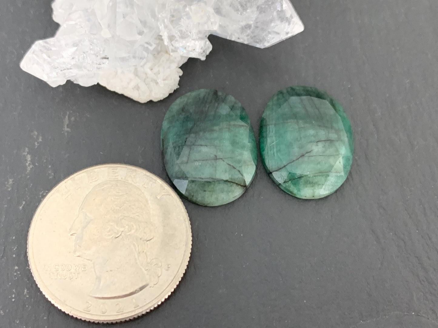 Faceted Emerald Pair 15x19x3.5mm cabochon