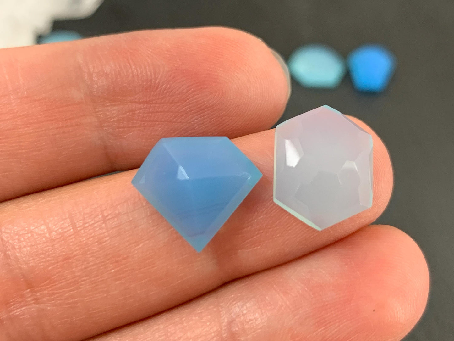 Faceted Blue Chalcedony 12-18mm long cabochon