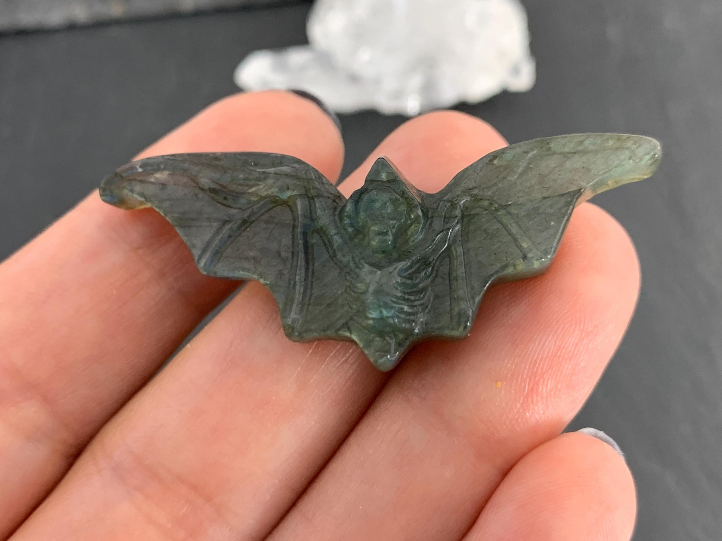 Labradorite skeleton bat 19x48mm flat back carving
