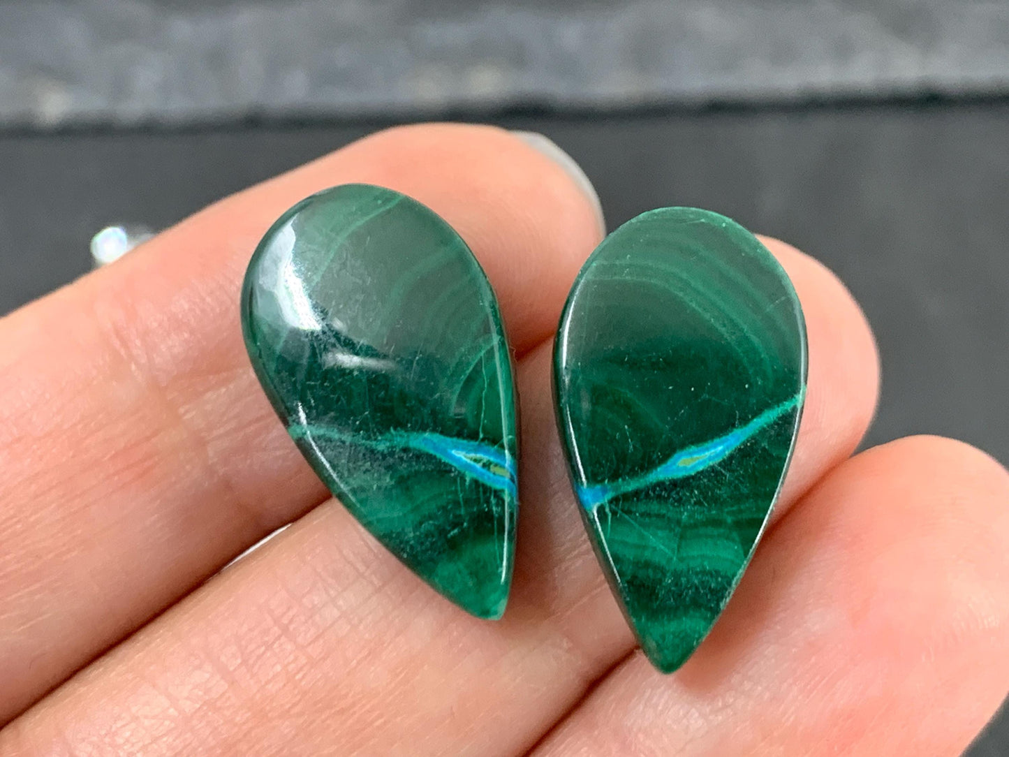Malachite Chrysocolla pear 12x21x4.5mm cabochon pair