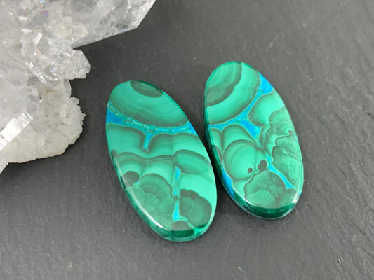 Malachite Chrysocolla oval 12x24x4mm cabochon pair