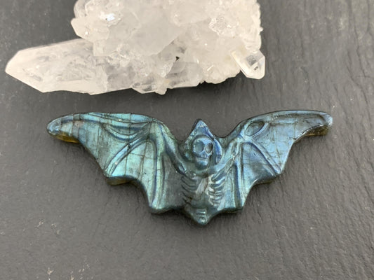 Labradorite skeleton bat 19x48mm flat back carving