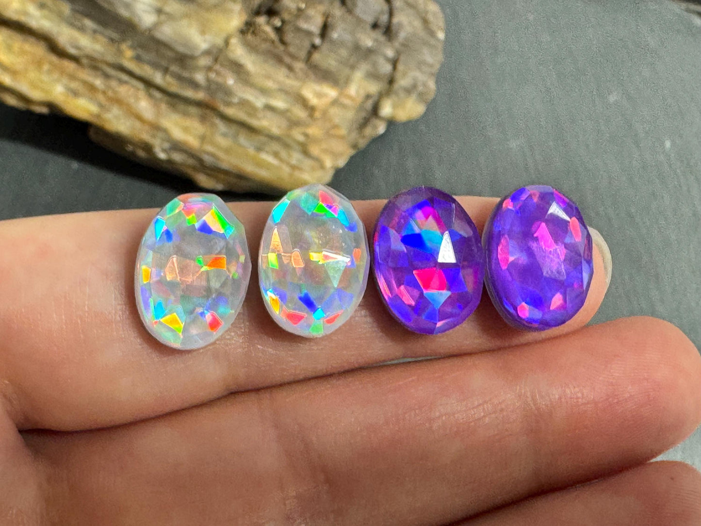 Faceted Purple & Silver Mystic Quartz oval 10x14mm cabochons - Doublet cabochons