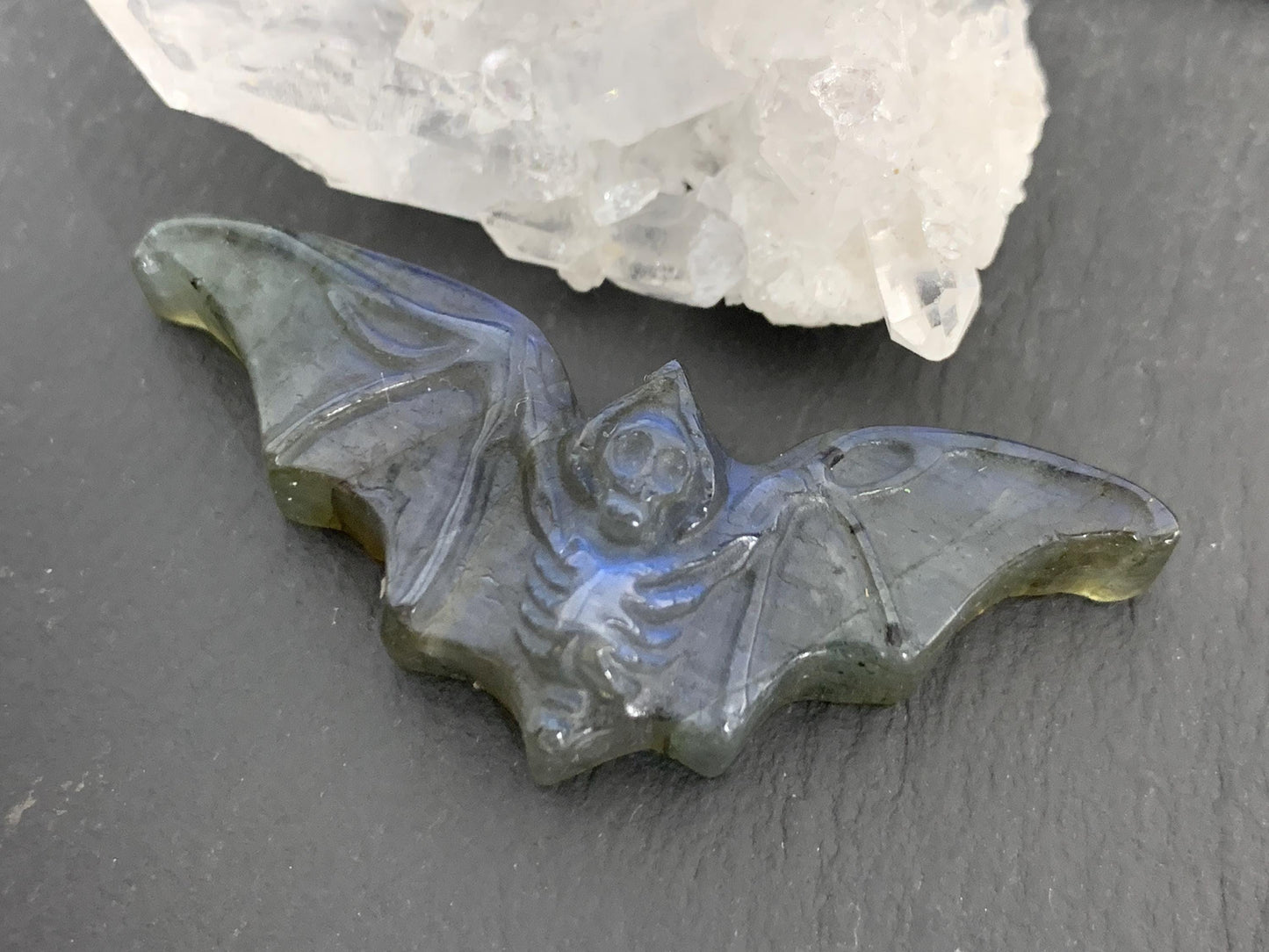 Labradorite skeleton bat 20x48mm flat back carving