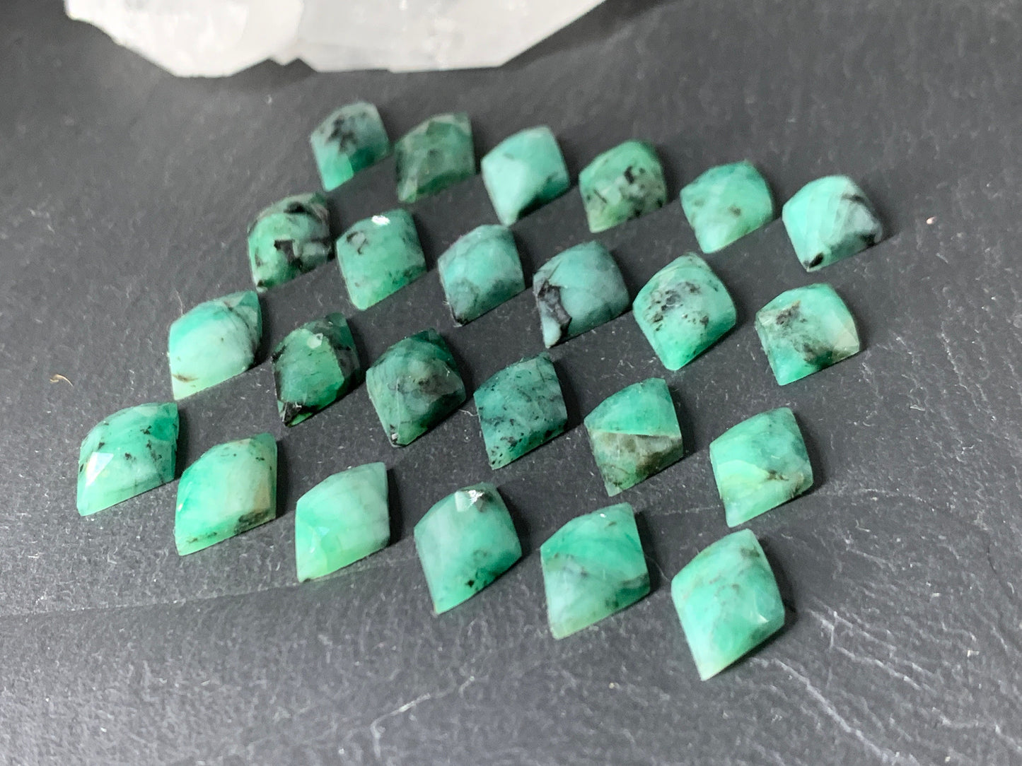 Faceted Emerald rhombus 11-12mm long cabochon/ W381