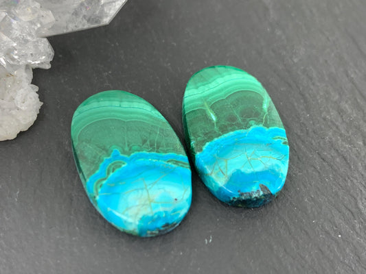 Discounted Malachite Chrysocolla oval 14x22x4mm cabochon pair