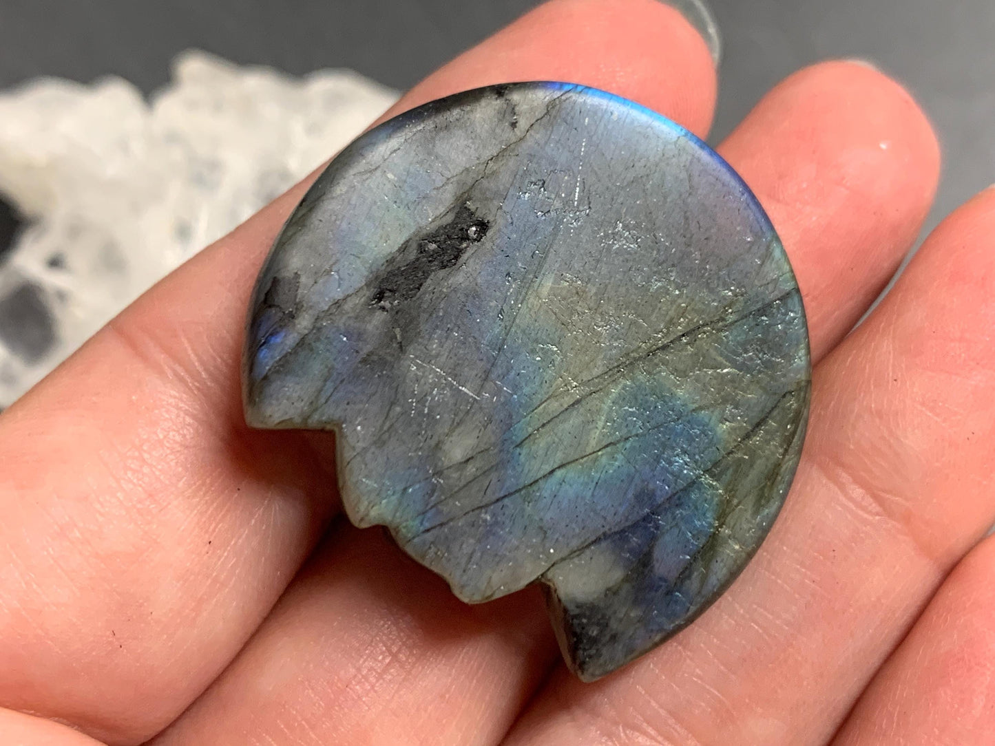 Labradorite Scarab Carving: Ancient Egyptian Eye of Horus Symbol of Protection (34x31mm)