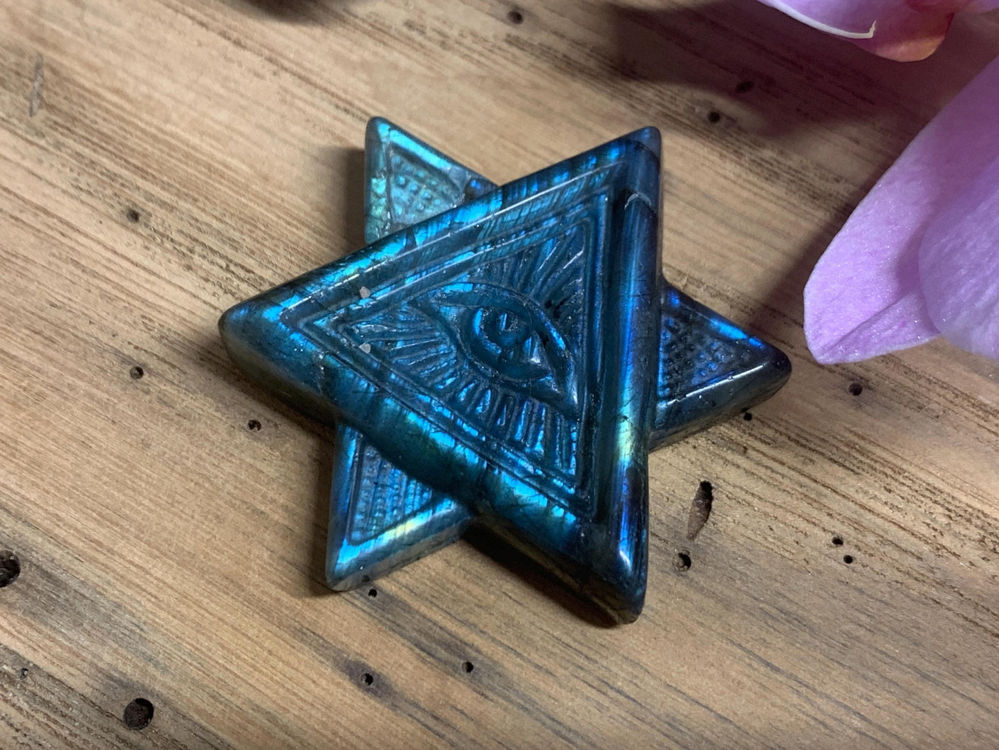 Labradorite Crystal Carving Merkaba Star All Seeing Eye Gift Art