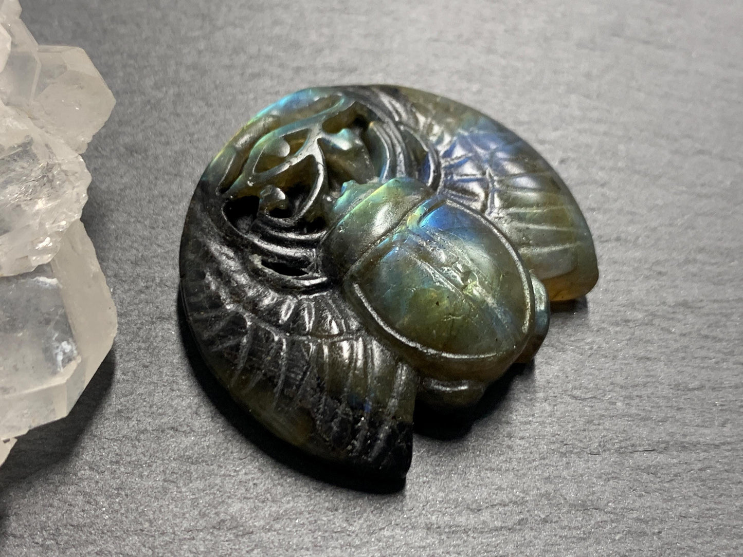 Labradorite Scarab Carving: Ancient Egyptian Eye of Horus Symbol of Protection (35x31mm)