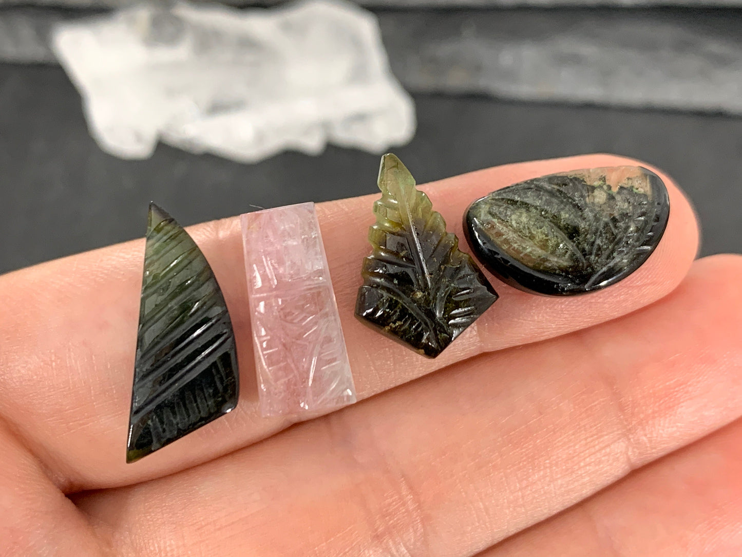 Carved Tourmaline free form 17-21mm long cabochon