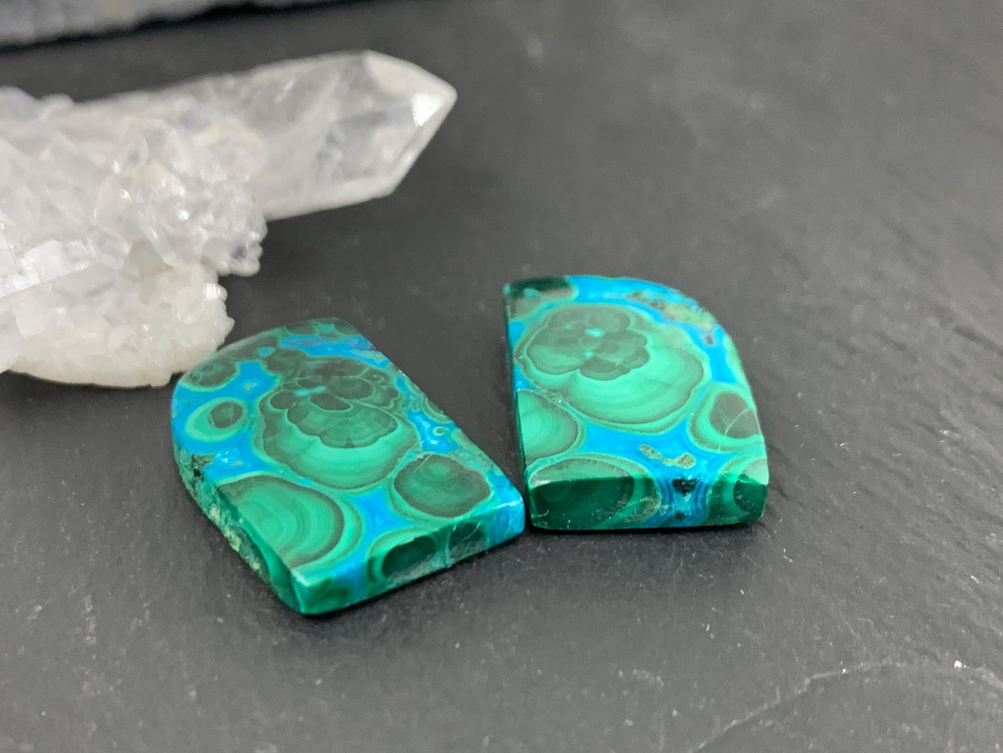 Malachite Chrysocolla free form 13x20x4mm cabochon pair