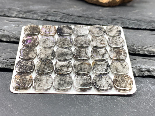 Flat Black Rutilated Quartz square cushion 12mm cabochon - calibrated cabochons