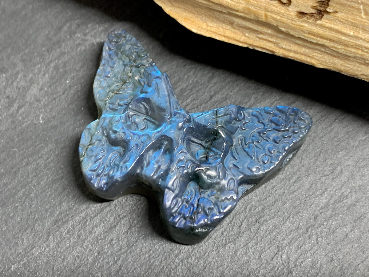 Labradorite Ghost Face Butterfly 41x29mm Flat Back Carving, Natural Labradorite